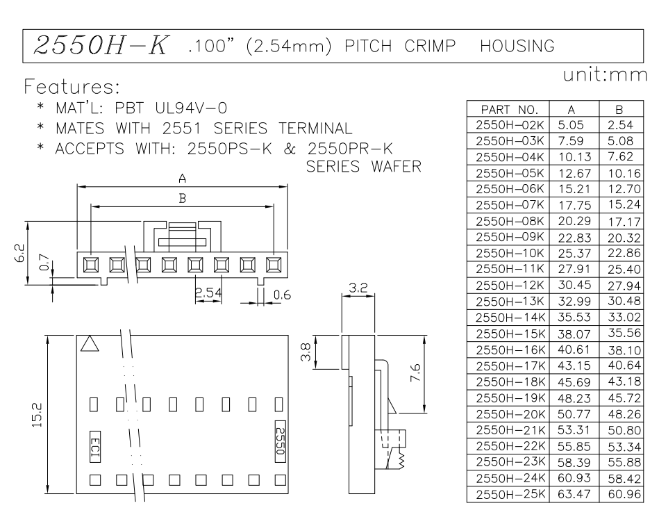 2.54 pitch wire connector socket data sheet