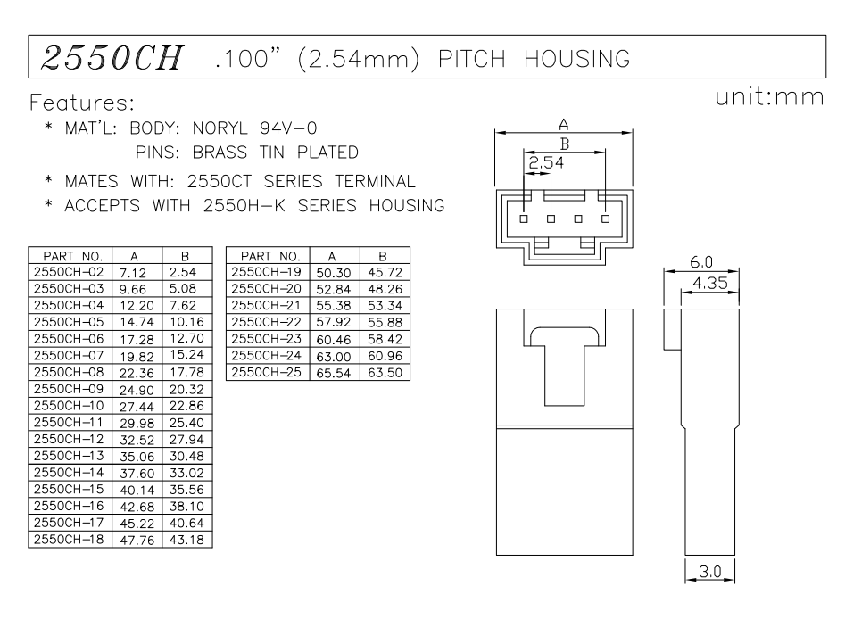 2.54 pitch wire connector plug data sheet