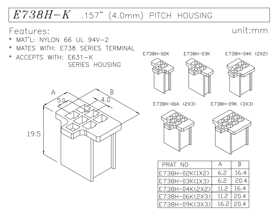 4.0 pitch wire to wire connector socket housing data sheet